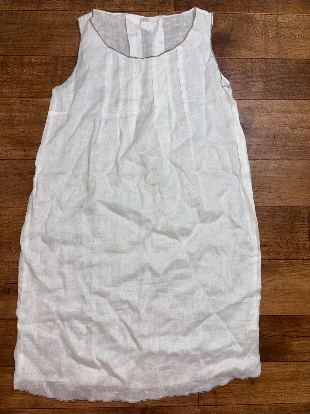 120% Lino White Sleeveless Dress Metallic Trim Pleat Made in Italy 100% Linen XS